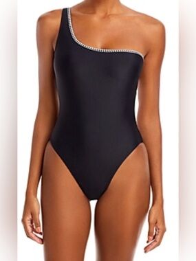 Lemlem Lena One Shoulder One Piece Swimsuit, Black, Medium, MSRP $275